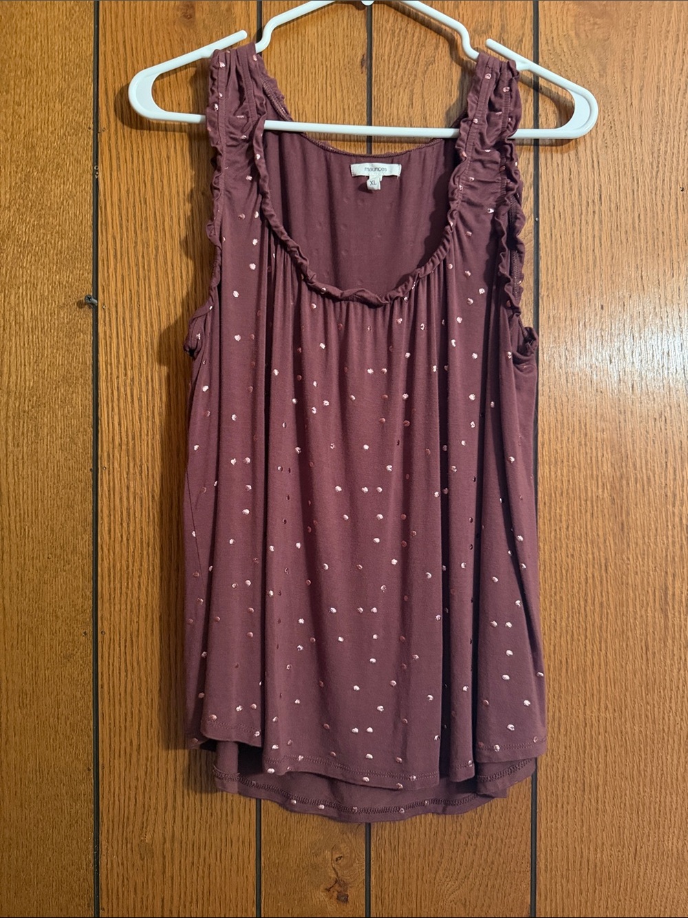 Maurices Mauve Polka Dot Ruffle-Trim Tank